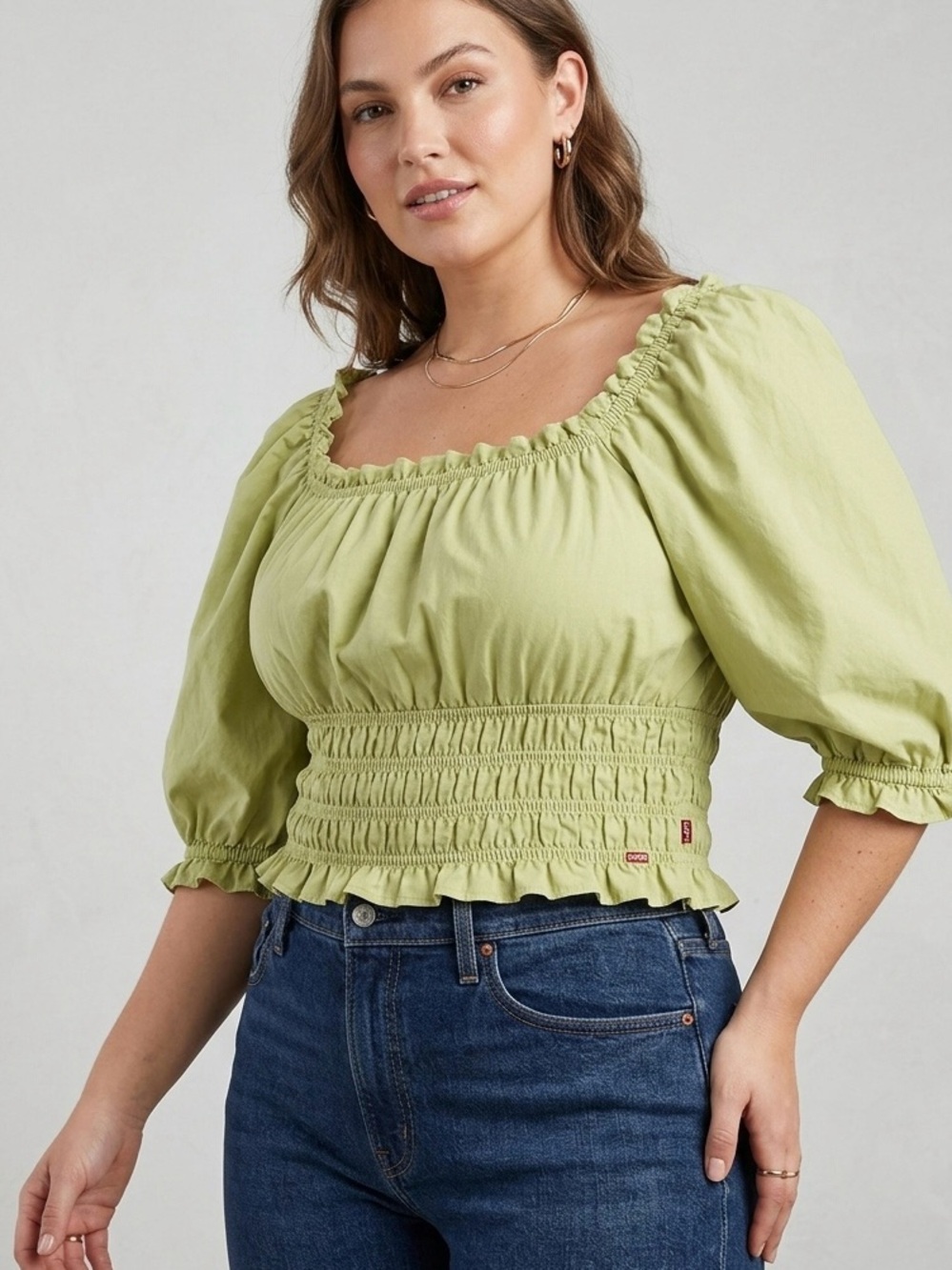 Levi’s Lime Green Puff Sleeve Smocked Crop Top - Size Large